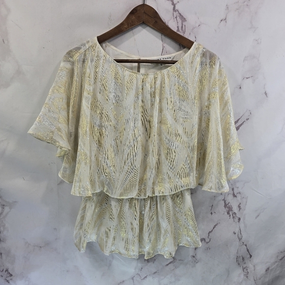 Trina Turk Top Womens Small Silk Gold Silver Cream Batwing Blouse Metallic Party - Picture 1 of 10